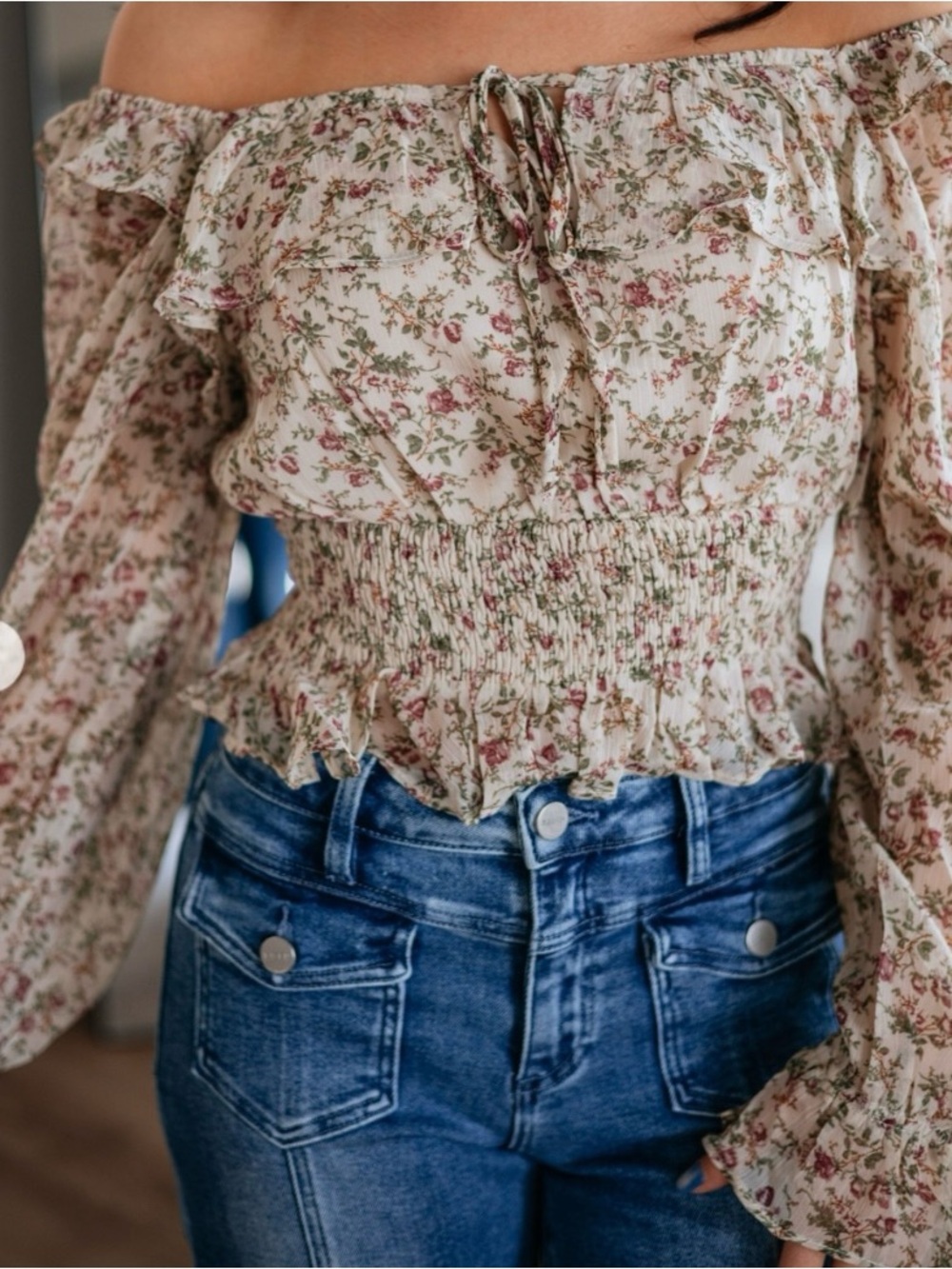 Tempted Floral Off-Shoulder Smocked Peplum Top - Cream/Green/Rose